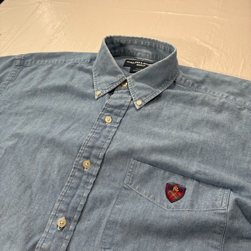 Vintage Ralph Lauren Golf Tilden Denim Short Sleeve Blue Shirt Golf Logo Crest